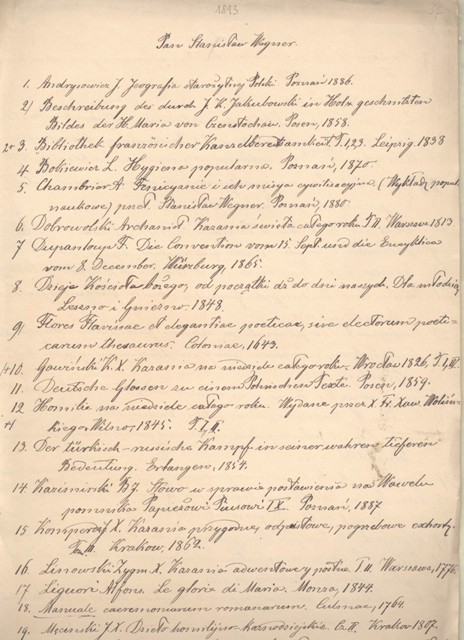 Odręcznie pisana lista darowizny jakiej dokonał S. Wegner na rzecz biblioteki PTPN w Poznaniu